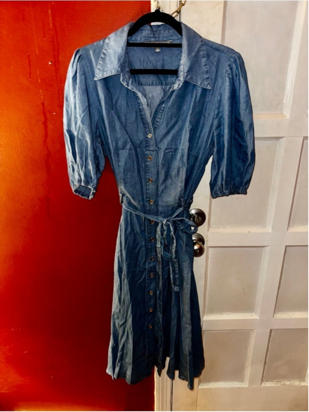 Sharagano Chambray Shirt Dress Button Front Tie Waist Blue Midi Size 10 - Picture 4 of 7